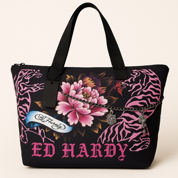 Ed Hardy Tattoo Print Floral Tiger Tote Bag with Charms Black Pink Nylon NWT - Picture 1 of 9